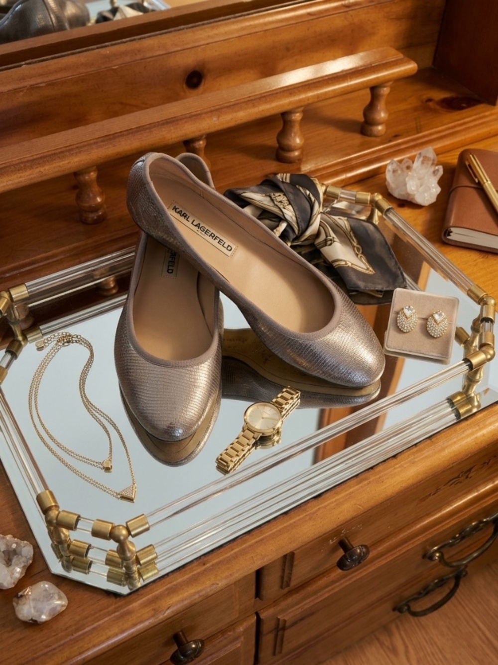 Karl Lagerfeld Leroux Ballet Flats in Antique Gold